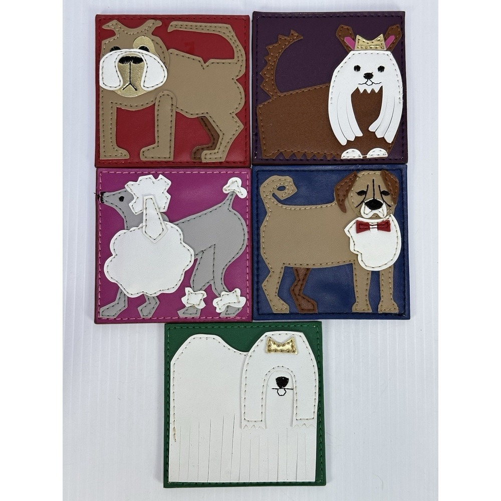 Kim Seybert Dog Puppy Coasters Set of 5 Leather Look Poodle Bulldog